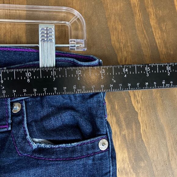True Religion Womens Jeans Blue Denim Purple Stitching Distress Capri Stretch 26 - Picture 6 of 11